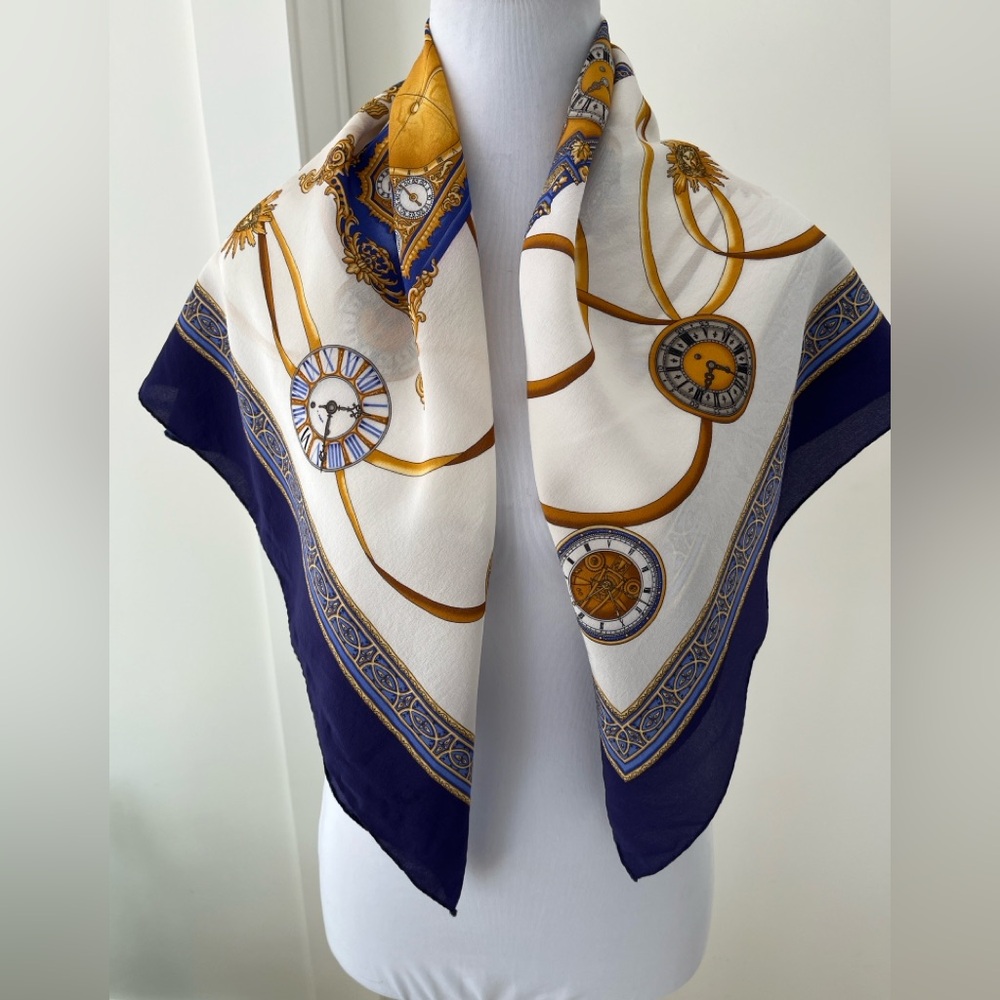 SCARF Square Unsigned Classic Clock Pattern Navy Gold Cream Timeless Chic - Picture 6 of 16